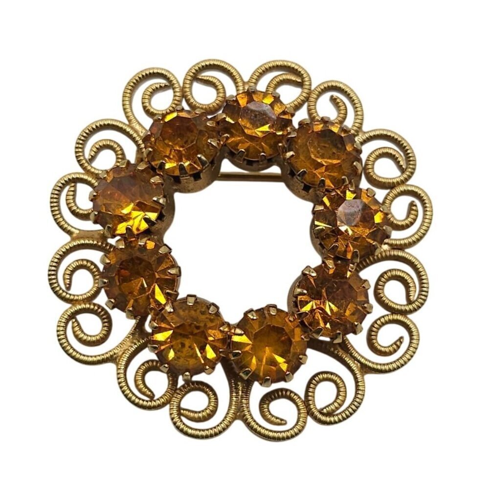Vintage Amber Rhinestone Gold Tone Filigree Round Brooch Pin